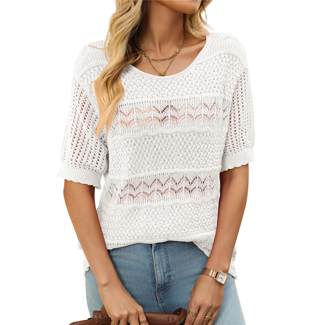 (S, White) Womens Short Sleeve Sweaters Summer Round Neck Pullover Sweater Crochet Tops Oatmeal Color S