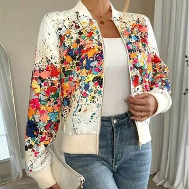SHEIN Plus Size Colorful Splash Ink Print Jacket, Baseball Uniform Style, Eye-Catching Piece For Autumn/Winter