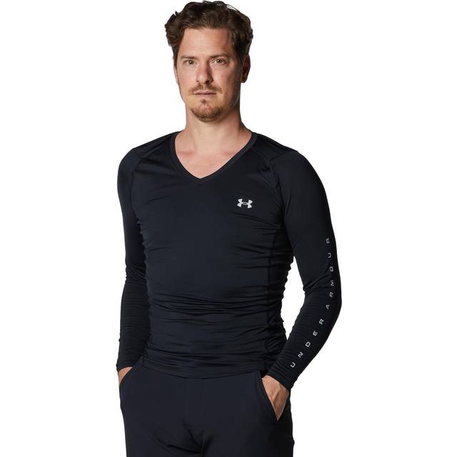 [Under Armor] Base Layer UA Heat Gear Fitted Long Sleeve V-Neck Shirt Men's Black Mod Gray MD