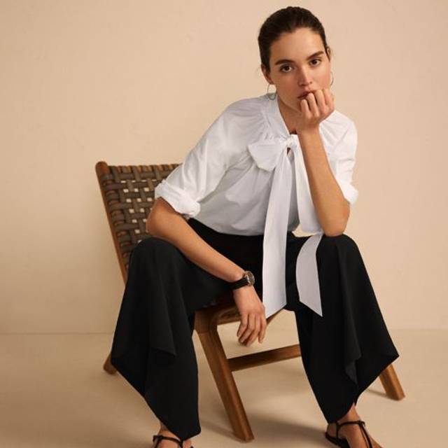 Bow Neck Cotton Blouse, Women, size: 16-18, regular, White, Cotton, by Lands' End (16-18)