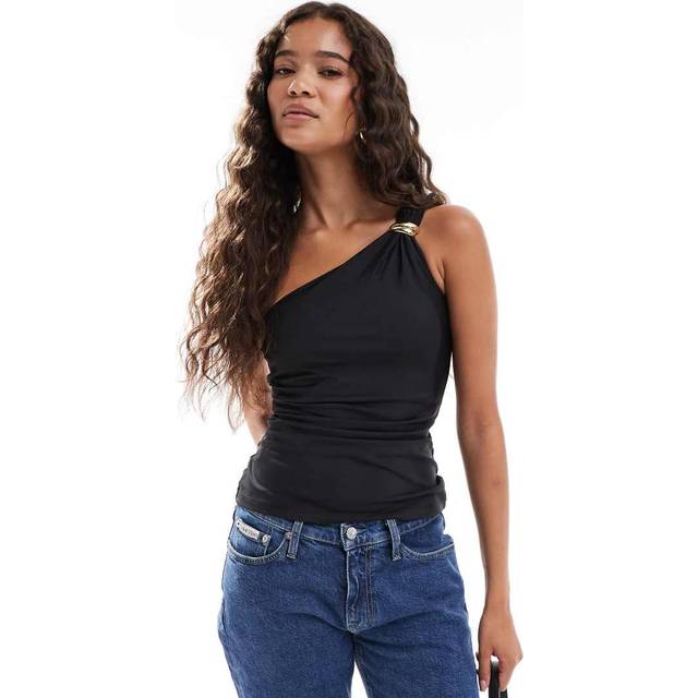 New Look Women's Black Gold Ring Ruched One Shoulder Top - UK 6