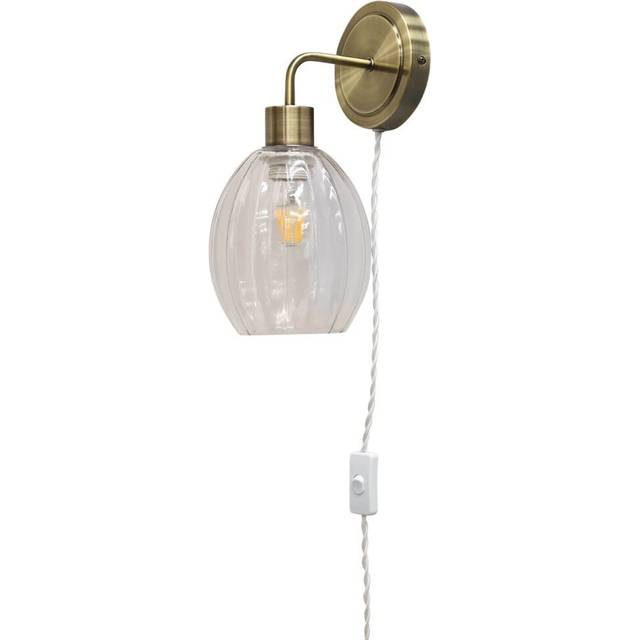 First Choice Lighting Toby - Antique Brass Plug In Wall Light With Birch Fluted Glass Shade - One Size