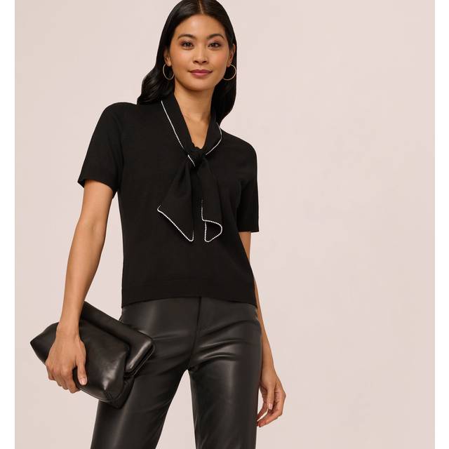 Adrianna Papell Bow Tie Neck Short Sleeve Jumper, Black