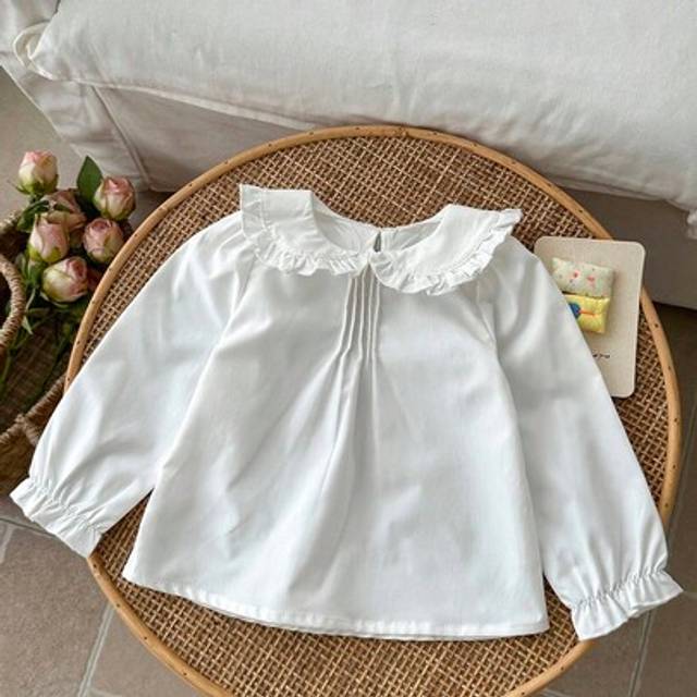SHEIN Baby Girl Sweet & Fresh Solid Color Peter Pan Collar Blouse, Versatile Casual Style For Early Autumn Baby Girl White Blouse Baby Girl Peter Pan Collar