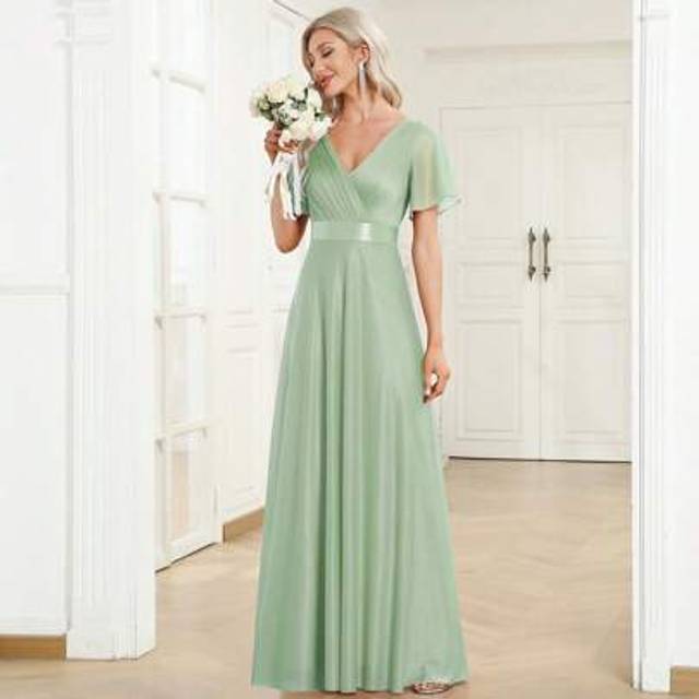 EVERPRETTY Elegant Fall Sparkly V-Neck Ruffle Sleeve Sage Green Bridesmaid Dress Wedding Guest Gown For Wedding Evening Dress Semi Formal Dress