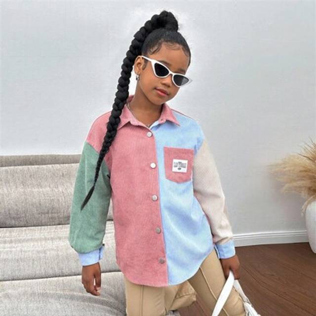 SHEIN Tween Girls&#39; Corduroy Color Block Shacket, Casual Everyday Fashionable Versatile Outerwear In Pastel Colors