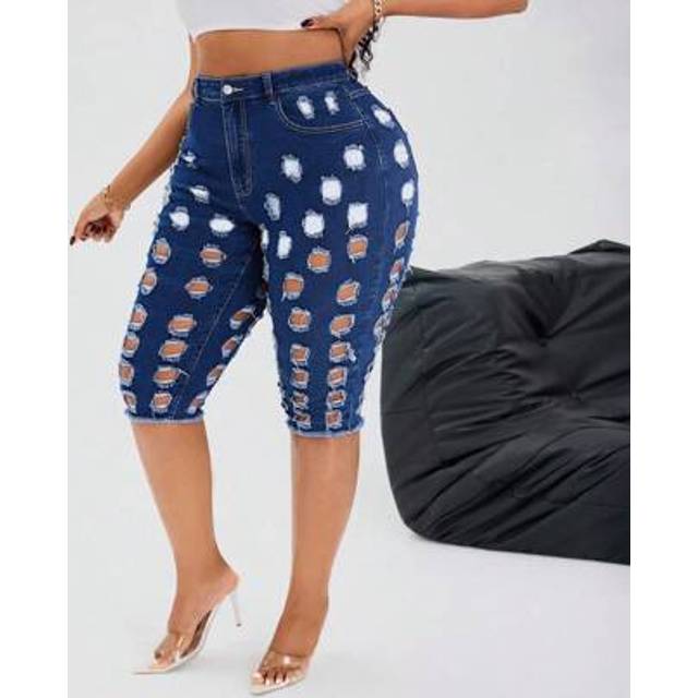 Slaydiva Autumn Plus Size Women Ripped Skinny Cropped Jeans