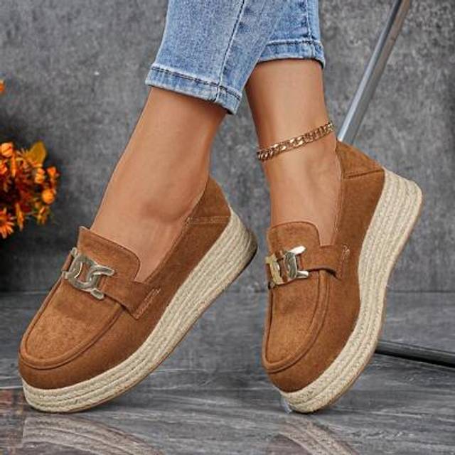 SHEIN Spring & Autumn New Women&#39;s Thick Sole Slip-On Flats, Lightweight Hemp Rope Woven Non-Slip Outsole, Metal Buckle Decor Simple Upper, Casual Style Dail