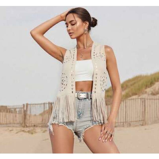 SHEIN Women&#39;s Fringe Faux Suede Vest Casual Open Front Sleeveless Tassel Hippie Jacket