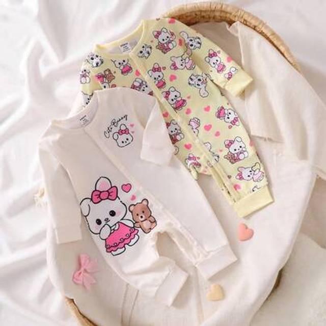 SHEIN 2pcs Newborn Baby Girl Cute Bunny Cartoon Print Outfit, Long Sleeve Romper Toddler Pajamas Girl Cute Baby Pajamas Baby Girl Pajamas Cartoon Baby Cloth