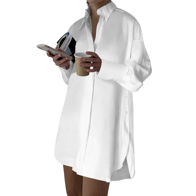 Women'S Casual Shirt Dress Collar V Neck Button Down Loose Long Sleeve Mini Dresses White S