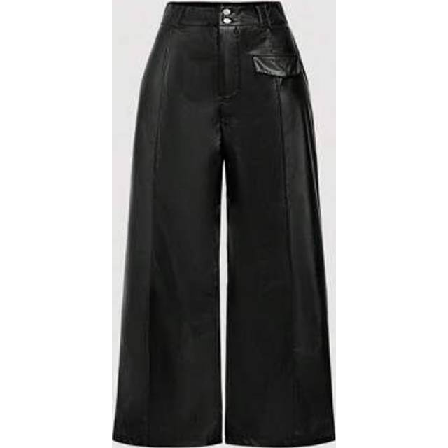 SHEIN Plus Size Women&#39;s Black High Waist PU Leather Straight Pants, Rear Zipper Waistband, Solid Color Leather, Classic Versatile, Retro Leather Trousers,Ha