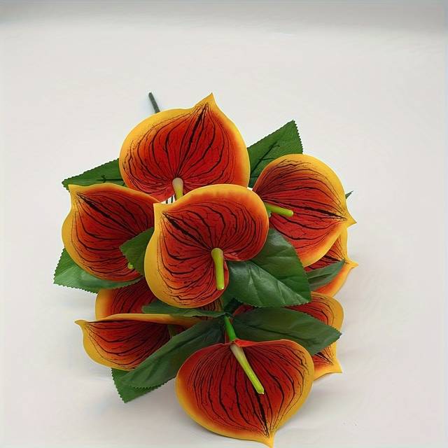 TEMU Elegant 9-head Lily Artificial Bouquet - Vibrant Red & Green, Living Room, Dining, Hotel Decor | Ideal For Christmas, Valentine's, Halloween Gifts | No Maintenance Required