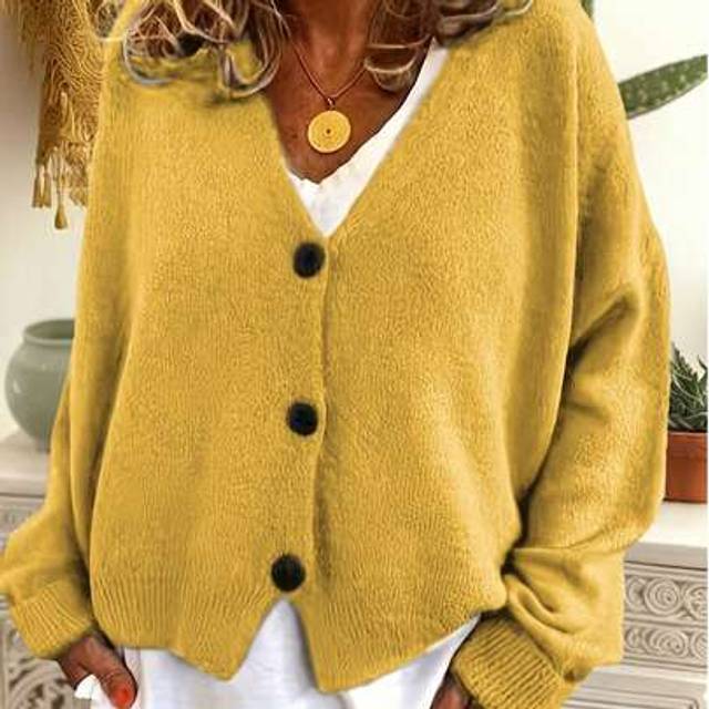 SHEIN Plus Size Women Cardigan Sweater, Fashion New Arrival Buttoned V-Neck Solid Color Casual Long Sleeve Black Lightweight Open Front, Suitable For Outerw