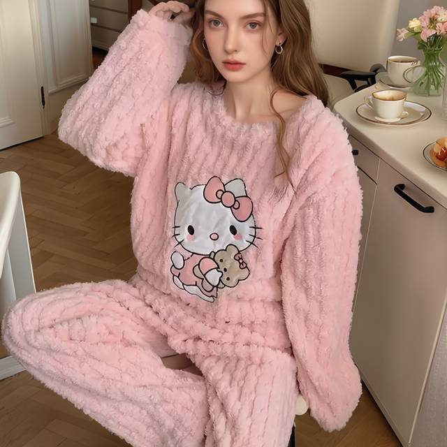TEMU Hello Kitty Autumn And Winter Long-sleeve Long Pants Warm Coral Fleece Pajama Set, Loose-fitting Homewear Fleece Outfit.