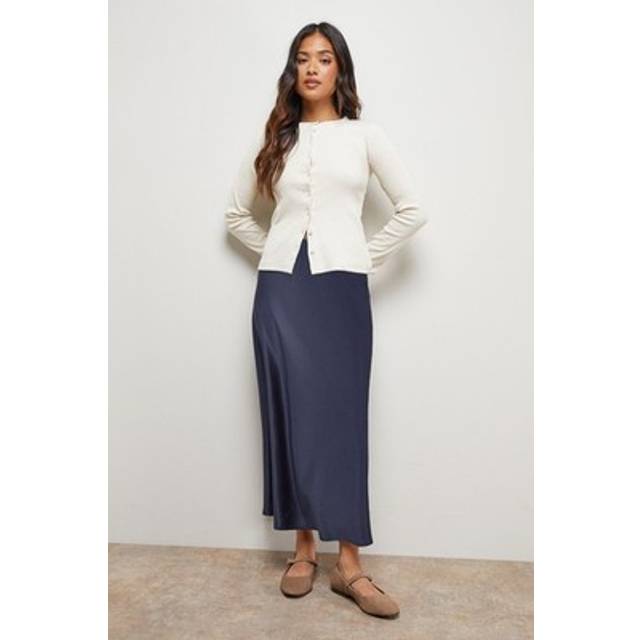 Oasis Petite Satin Bias Cut Midi Skirt In Navy - navy - 8