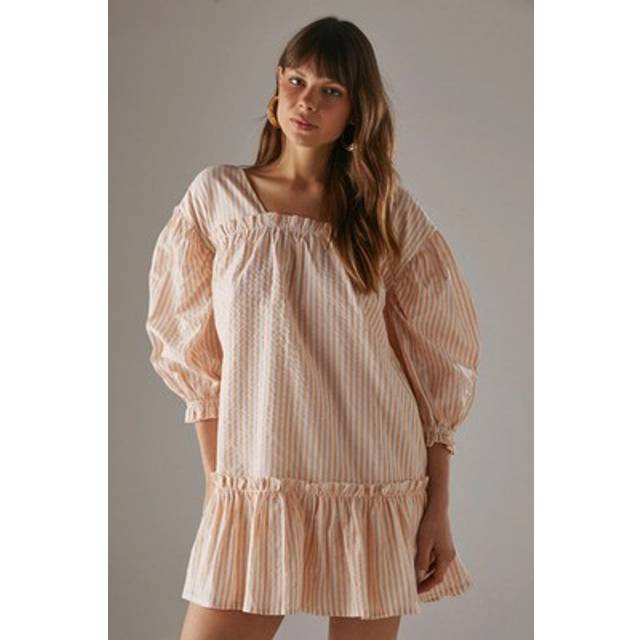 Womens Seersucker Check Frill Balloon Sleeve Mini Smock Dress - Yellow - 6
