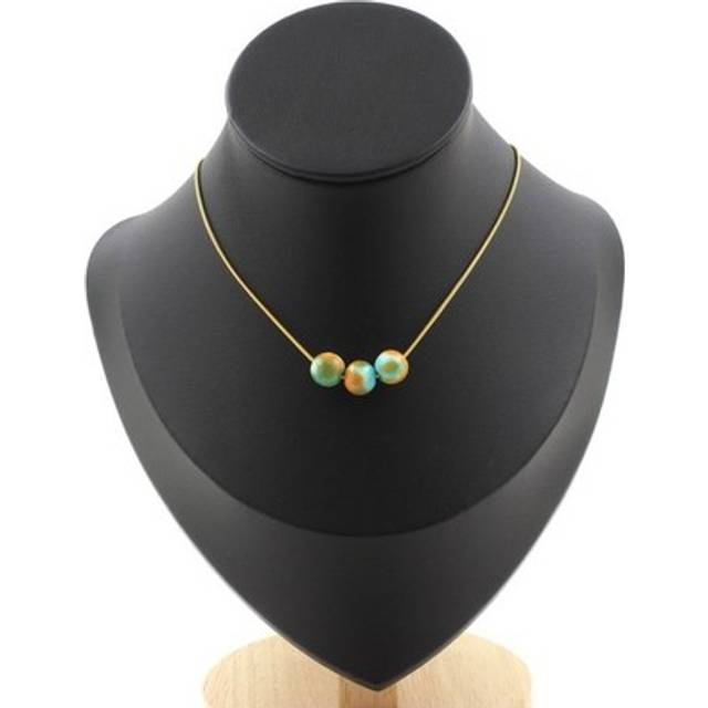Necklace 3 Beads Jasper Blue Orange 8 Mm. Chain Steel Golden Necklace Women, H