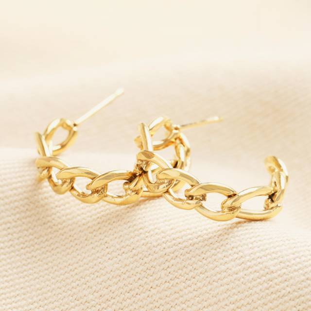 Stainless Steel Chain Link Huggie Hoop Earrings in Gold - gold - one size