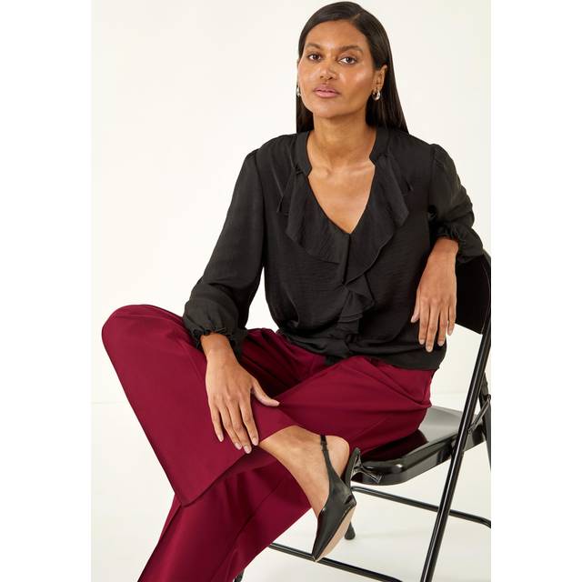 Roman Satin Ruffle Neck Blouse In Black - 12