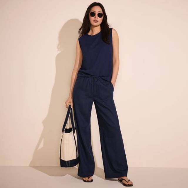 Wide Leg Linen Blend Tie Waist Trousers - Navy - 14-16