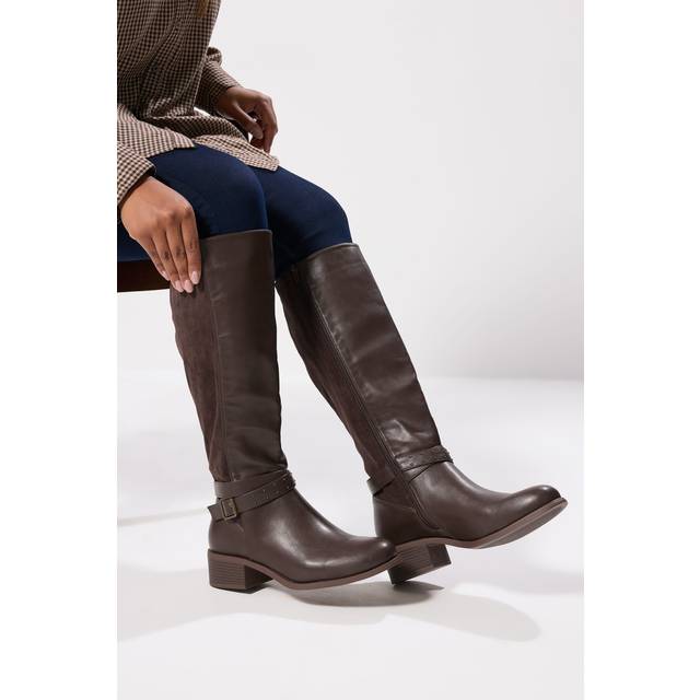 Chocolate Brown Faux Leather Buckle Strap Knee High Boots In Extra Wide eee Fit - 9EEE