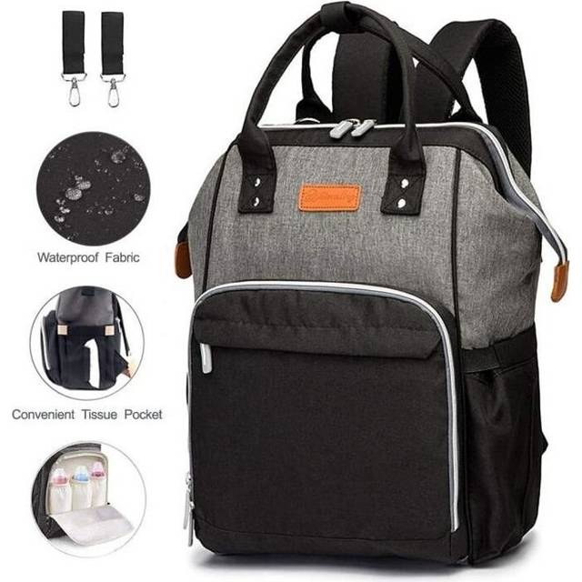 Waterproof Diaper Bag Backpack Baby Travel Bag, Large Capacity Nappy Bag with Stroller Hooks (Black and Gray)