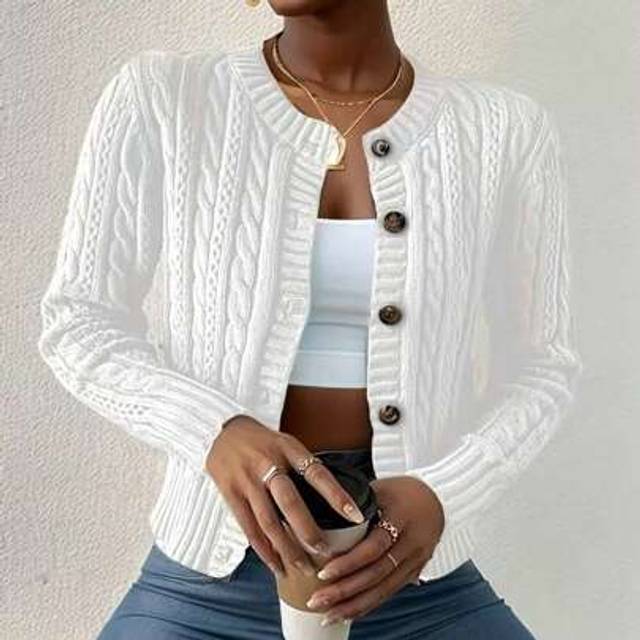 SHEIN Women&#39;s Solid Color Minimalist Cable Knit Button-Up Cardigan