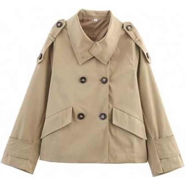 SHEIN Women&#39;s Solid Color Double-Breasted Short Trench Coat, Spring/Autumn