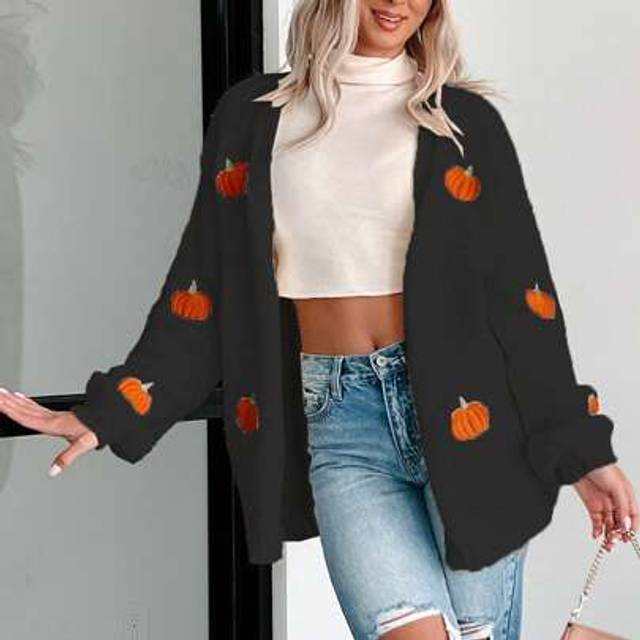 SHEIN Women&#39;s Cute Pumpkin Embroidery Cardigan Sweater V Neck Long Sleeve Open Front Loose Casual Knit Cardigan Coats Cozy Holiday Sweater For Spring, Fall