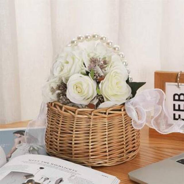 SHEIN A Set Wicker Flower Girl Basket & Headpiece, Willow Handwoven Basket With Pearl Handle And Bow Fairy Flower Basket,Wedding Flower Girl Hair Accessory