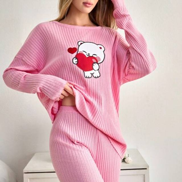 SHEIN Women 2 Pcs Rib Knit With Cute Baby Bear Embroidery Detail Long Sleeved Shirt&Pants Homewear Set Kawaii Pajamas Cute Pajamas Cute Pajama Set Comfy Paj