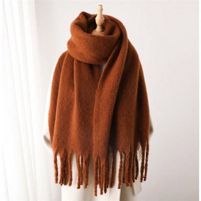 SHEIN 1 Pc Women Winter Scarf Horsehair Black Faux Cashmere Shawls And Wraps Thick Warm Lady&#39;s Fashion Solid Colors Tassel Pull Plush Scarves Outdoor Women