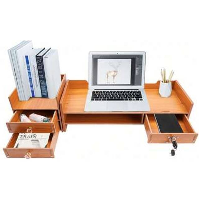 SHEIN Wooden Monitor Stand Riser With Drawers, 65.5 X 20 X 13.5 Cm, Laptop Desk Organizer For Desktop, IMac, And Notebook Computers, Desk & Drawer Organizer
