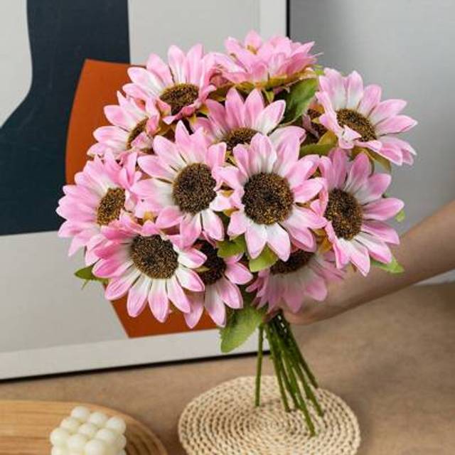 SHEIN 1pc Artificial Sunflower Bouquet, Double Head Blue Sunflower Long Stem Silk Fake Big Sunflower Decoration For Garden Decoration Supplies Outdoor Home