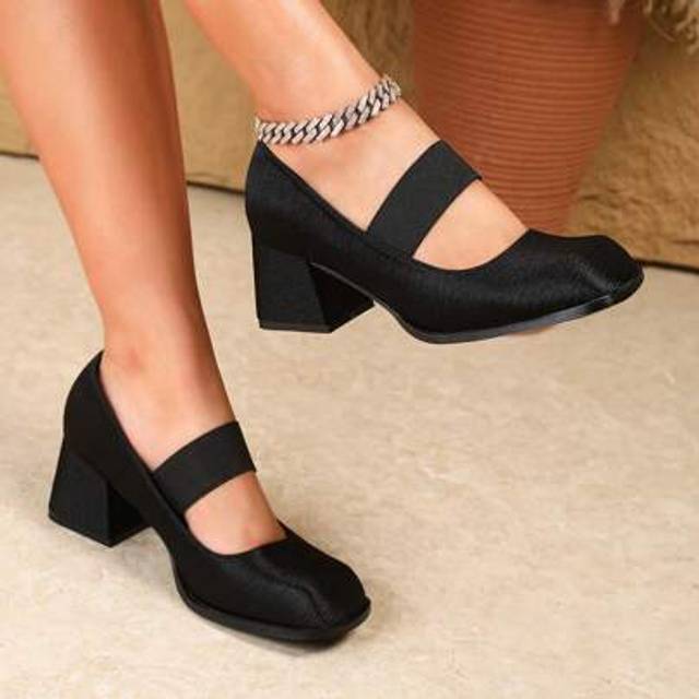 SHEIN Small Size Women&#39;s Chunky Heel Mary Jane Pumps, Square Toe High Heels With Bow Decor, Fashion Party Wedding Office Work Comfortable Sexy Strap Versati
