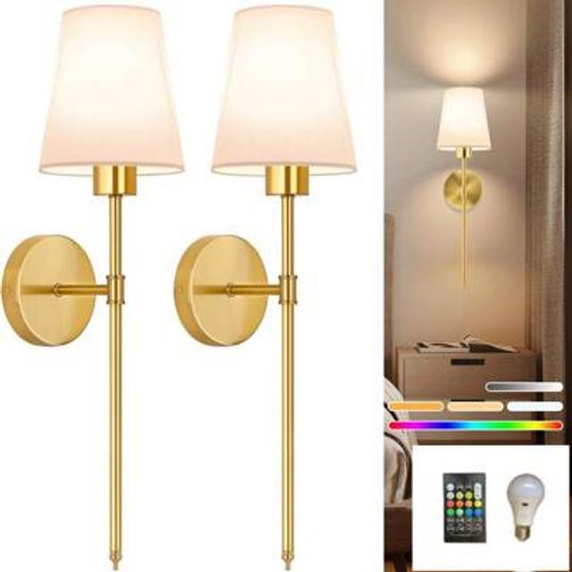SHEIN 2pcs Battery-Operated Wall Sconces With Fabric Shade, Rechargeable LED Wall Lights Set Of 2, Dimmable Wireless Lamp With 3 Color Temperature, 12 RGB A