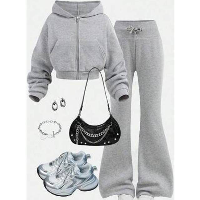 SHEIN Tween Girls Knit Hooded Zip-Up Sweatshirt And Sweatpants Set, Casual Loungewear, Autumn/Winter Fall