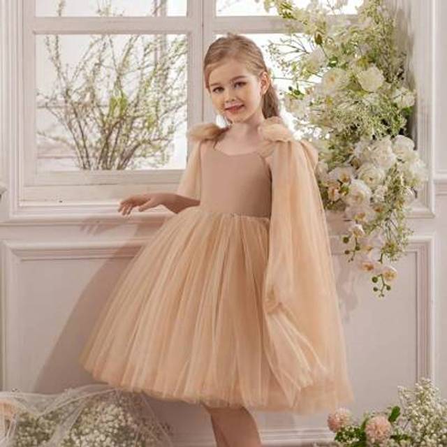 SHEIN Young Girl Bowknot Tulle Party Elegant Gold Dress, Princess Dress Suitable For Girls Birthday Party, Banquet, Evening Gala, Formal Occasion, Wedding F