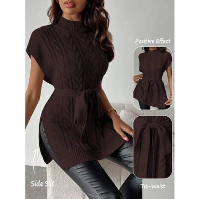 Chiquease High Collar Split Waist Belt Elegant Sleeveless Sweater Vest