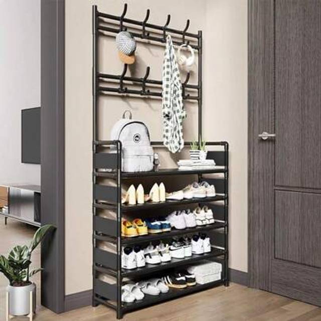 SHEIN New Coat And Hat Stand 8 Hooks Metal Shoe Rack 5 Tiers Shelf Hanger Black UK