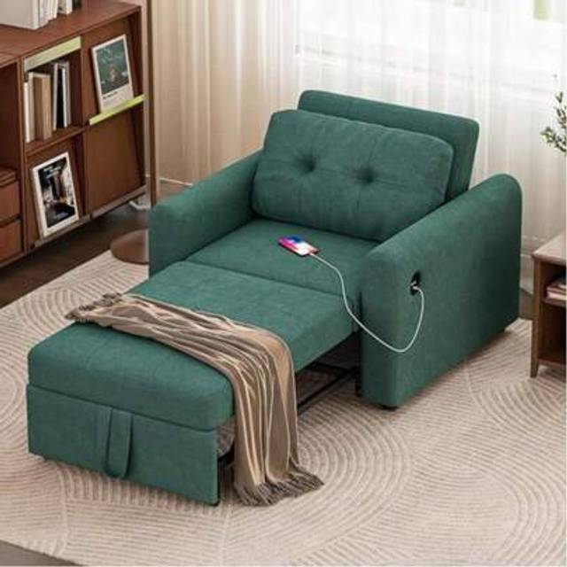 SHEIN Single Sofa Bed, 3-In-1 Convertible Pull Out Sleeper Sofa Bed Chair With Ports & Side Pocket For Living Room, Guest Room (Green, Sleeper Sofa Chair)