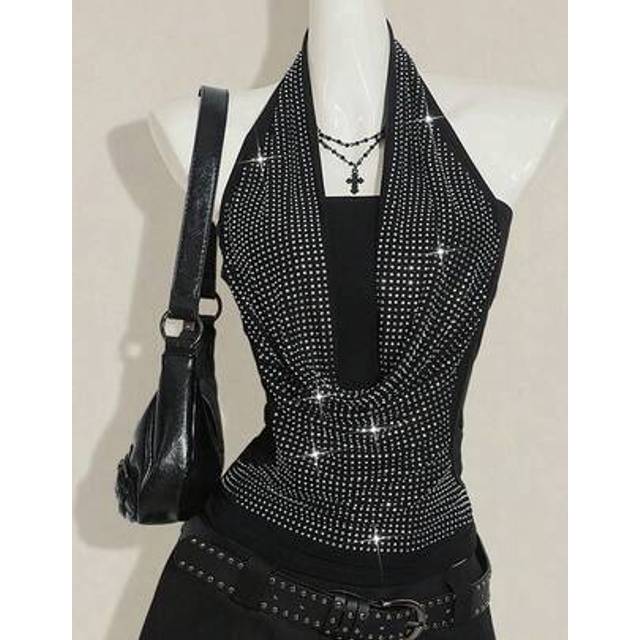 SHEIN Women&#39;s Black Goth Club Party Going Out Draped Rhinestone Embellished Halter Neck Camisole Halloween Outfits