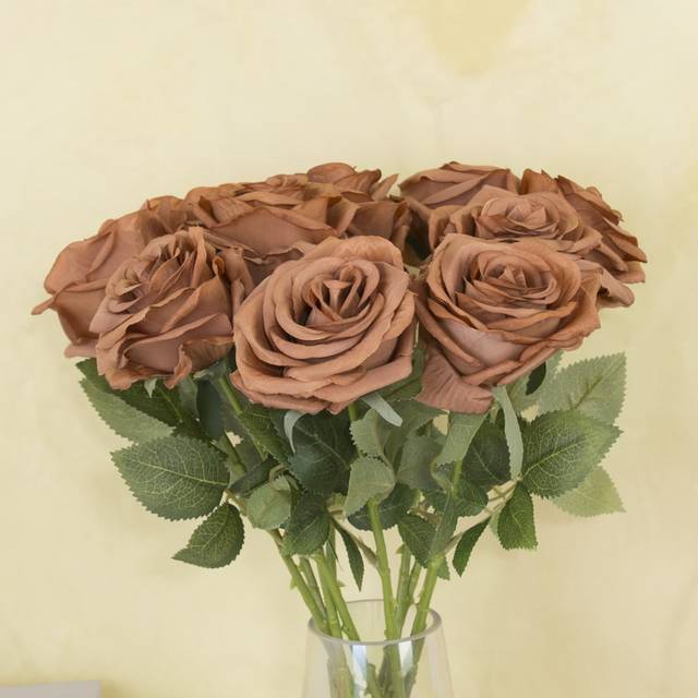 TEMU Fabric Artificial Chocolate Roses With Long Stems And Detailed Leaves, Set Of 6 Decorative Flowers For Crafts And Home Decor