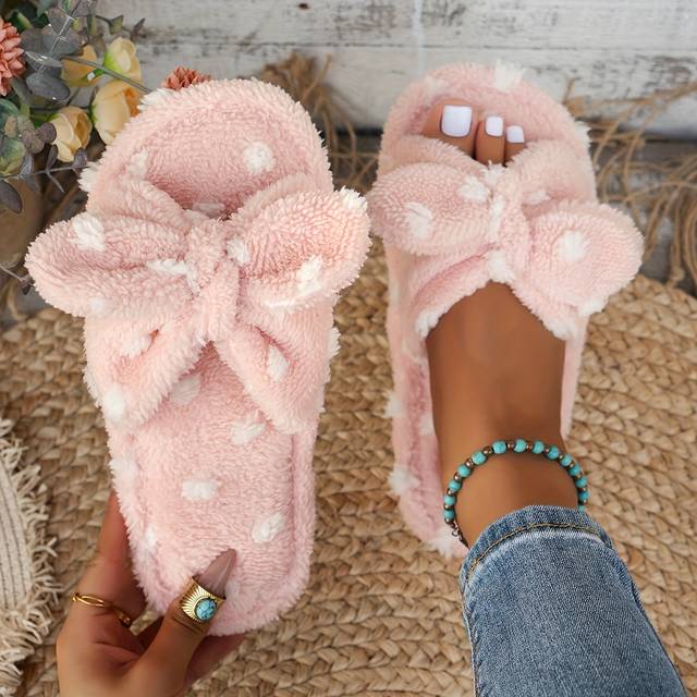 TEMU Women's Casual Polka Dot Pattern Slippers With Cute Bow, Comfortable Warm Plush Indoor House Shoes, Fabric Upper/inner, Eva Sole, Hand Washable - Spring/fall Season, House Slippers