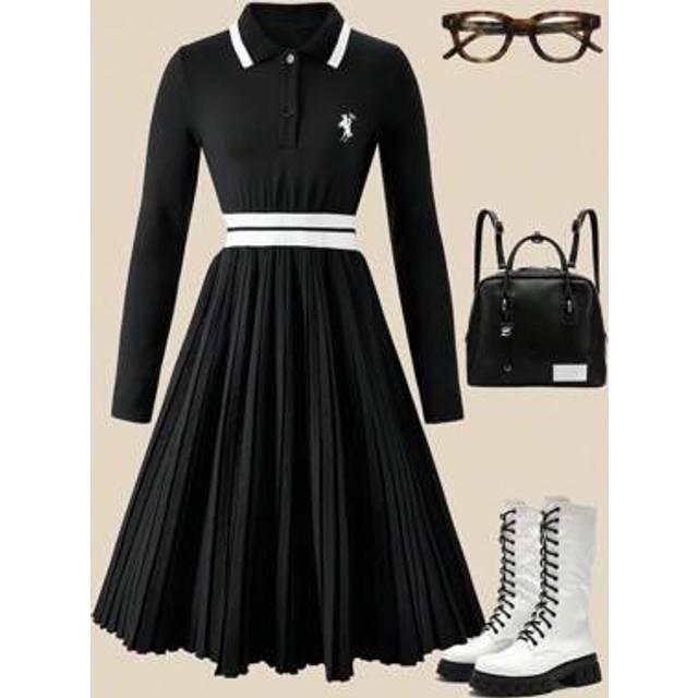 SHEIN Tween Girls Fashionable Polo Collar Horse Print Long Sleeve Fitted Pleated Dress, Autumn/Winter