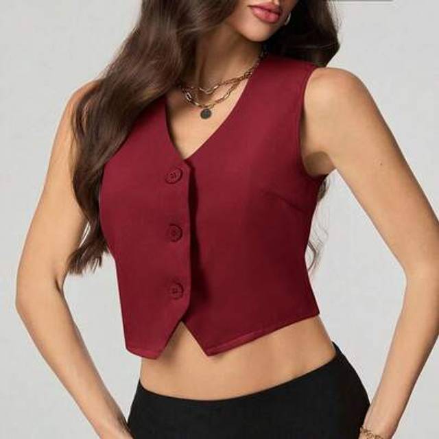 SHEIN Burgundy Vest Thin Jacket, Women Office Wear Blouse Sleeveless Vest
