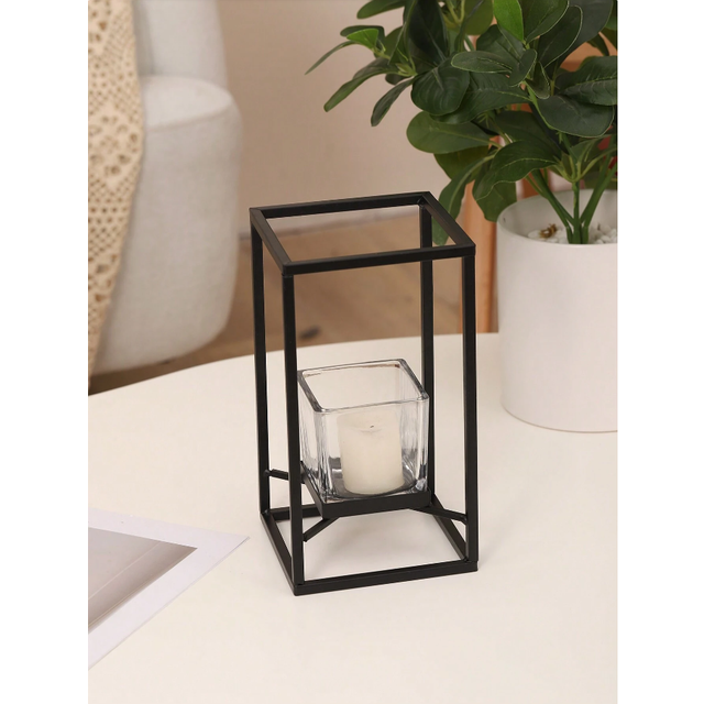 SHEIN 1pc Black Iron Square Candle Holder, Black Iron Frame Glass Cup Candle Holder, 3-5 Cup Tea Light Candle Holder, Glass Frame Candle Holder, 3D Candle H