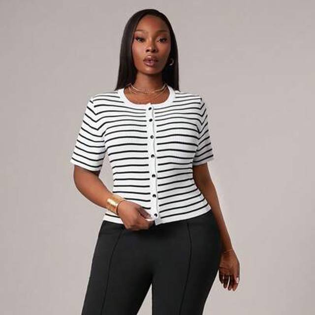 SHEIN Plus Size Black And White Striped Tight Cardigan,Suitable For Office,Commuting, Business