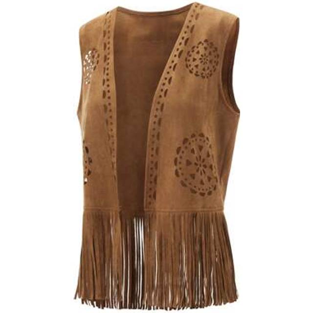 SHEIN Women&#39;s Fringe Faux Suede Vest Casual Open Front Sleeveless Tassel Hippie Jacket